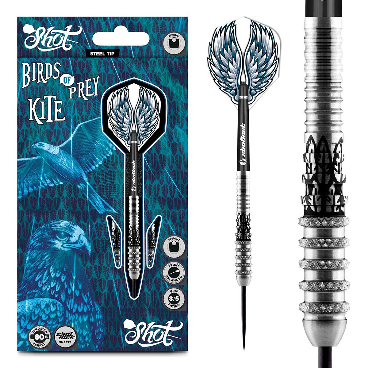 Shot Birds of Prey Kite Steel Tip Dart Set-80% Tungsten Barrels 21g