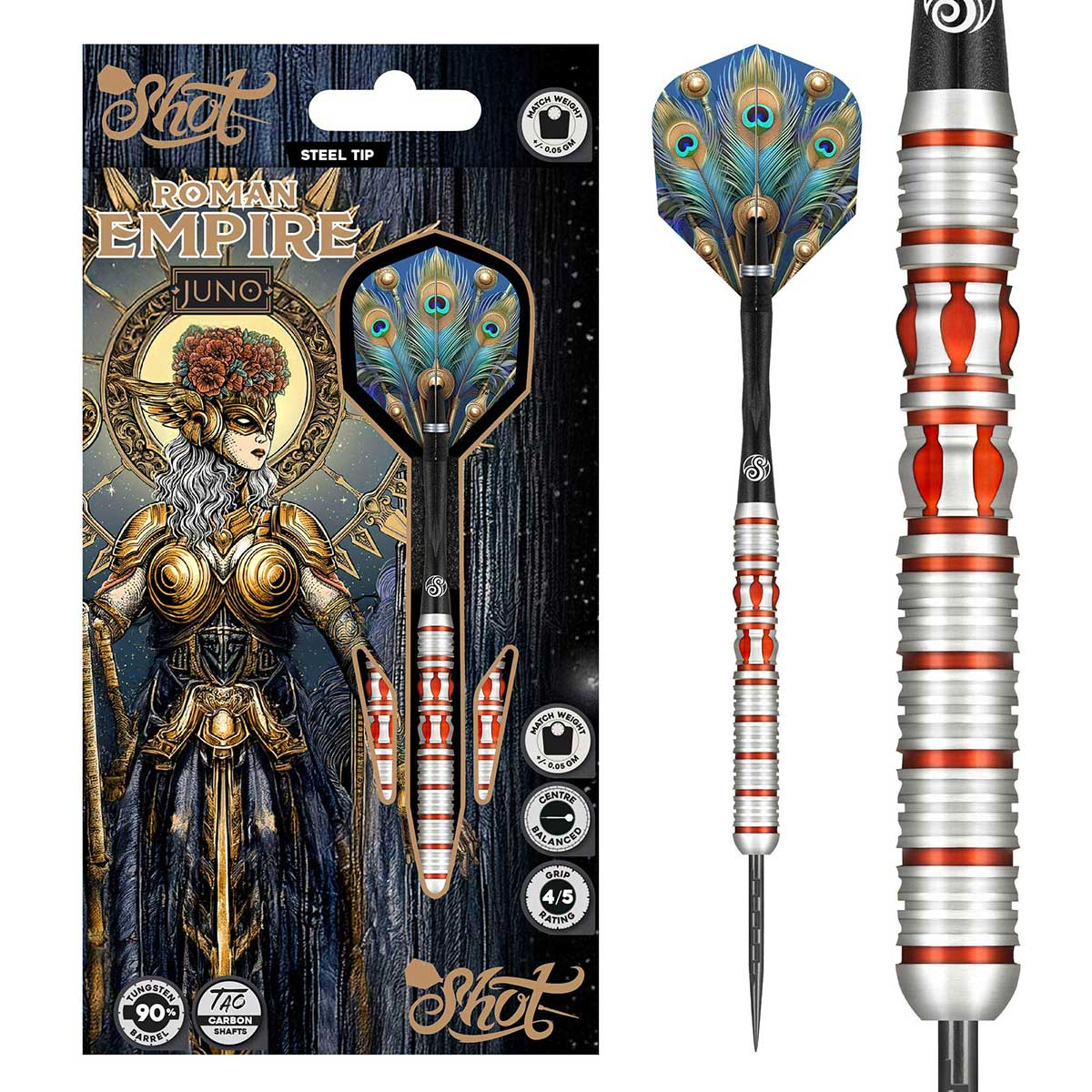 Shot - Roman Empire Juno Steel Tip Dart Set – 90% Tungsten Barrels-27gm