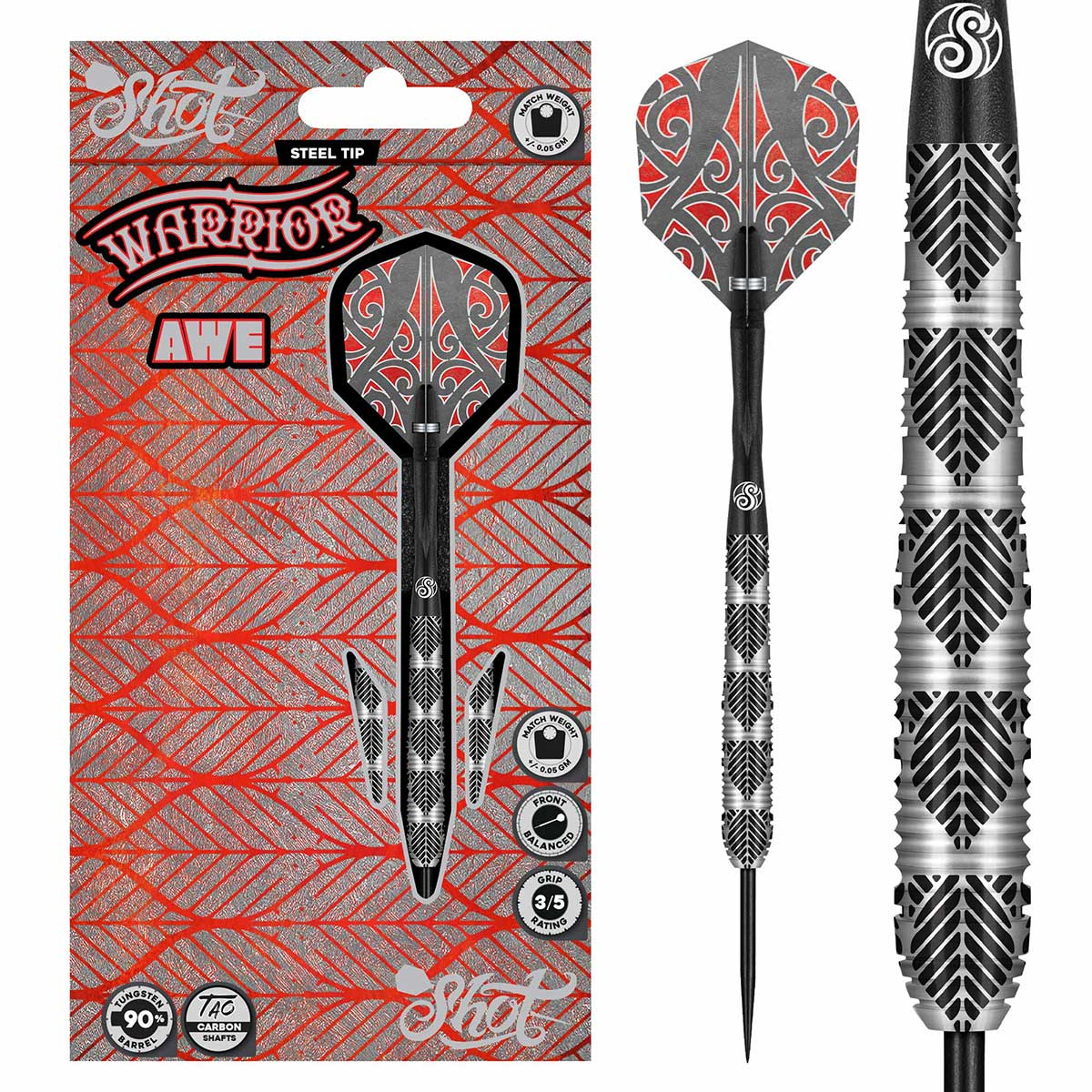 Shot - Warrior Awe Steel Tip Dart Set-90% Tungsten Barrels 22g 23g 24g 26g