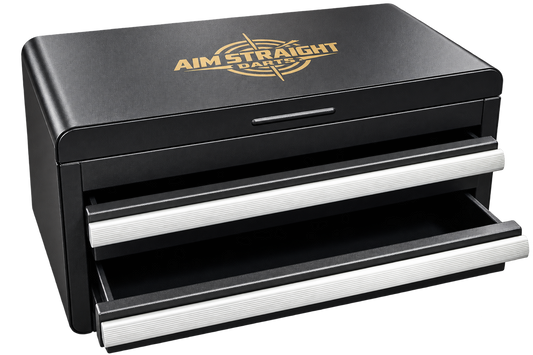 Aim Straight Darts engraved black metal two-drawer toolbox with gold logo and silver handles