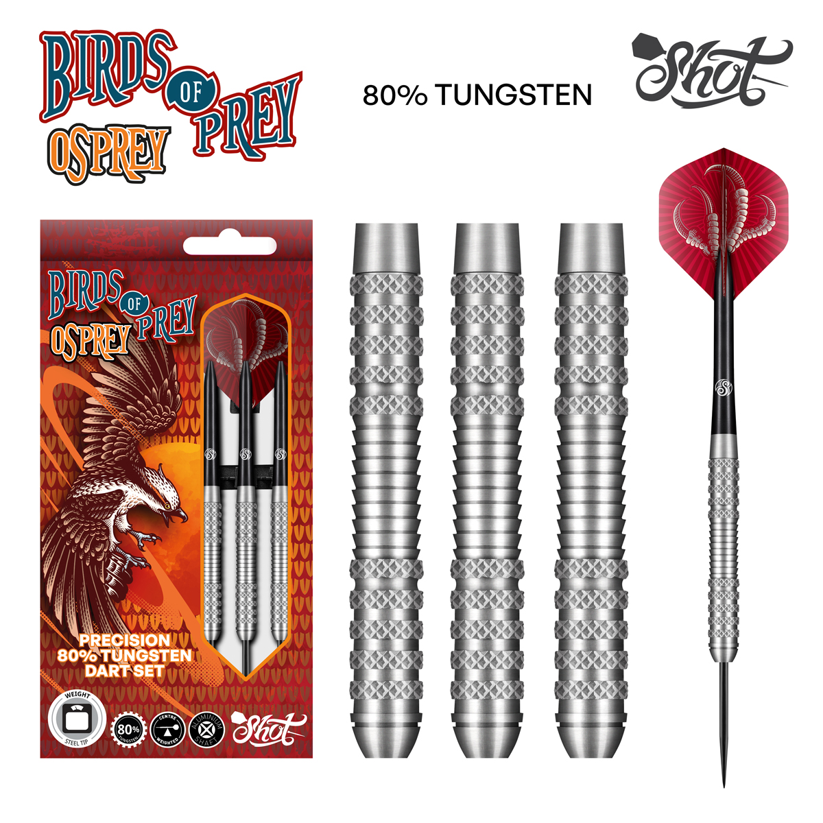 Shot - Birds of Prey Osprey Steel Tip Dart Set-80% Tungsten Barrels 27g 30g
