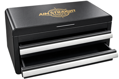 Aim Straight Darts engraved black metal two-drawer toolbox with gold logo and silver handles