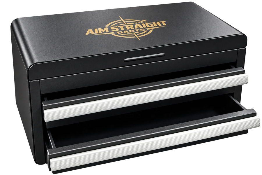 Aim Straight Darts engraved black metal two-drawer toolbox with gold logo and silver handles